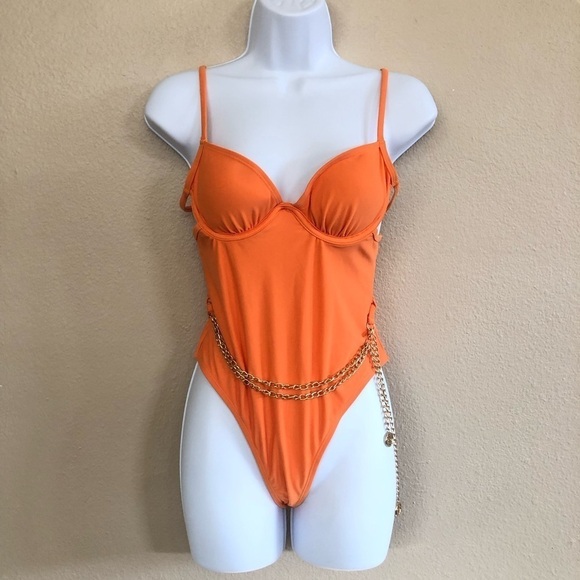 River Island Orange Strappy Chain Detail Underwire One-Piece Swimsuit US 4/8 UK - Picture 1 of 16